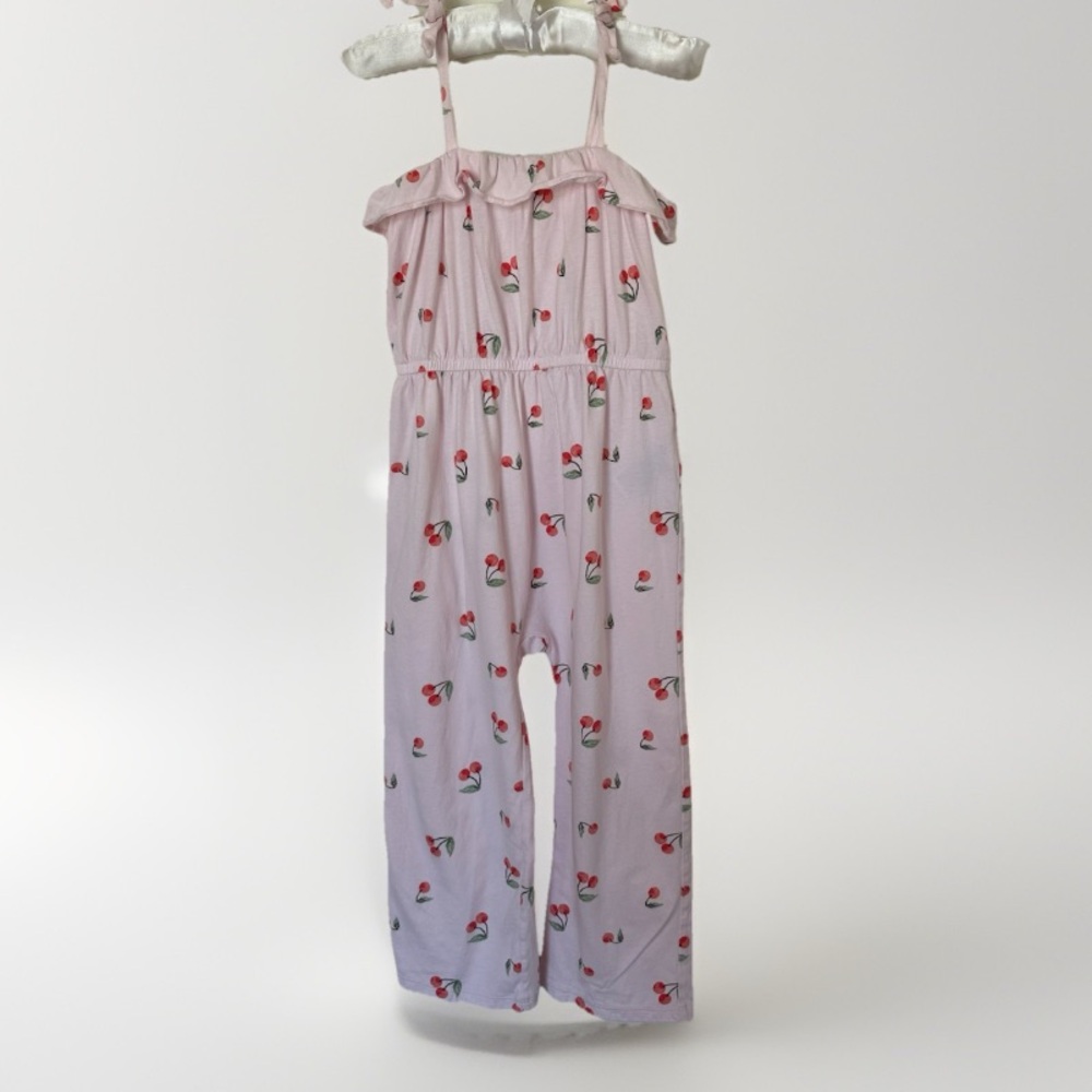 Old Navy Cherry Romper Size 5 Pink Tie Strap Wide Leg Cotton Cute‎ Summer - Picture 2 of 6